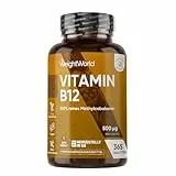 Vitamin B12-500mcg pro Tablette - 365 vegane Tabletten - 1 Jahr Vorrat - Reines Methylcobalamin - Vitamin B 12 trägt zur normalen Funktion des Nervensystems bei (EFSA) - Glutenfrei - WeightWorld