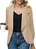 PrinStory Blazer Für Damen Mit 3/4 Geraffte Ärmel - Geschäft Büro Anzug Sportlich Jack Trenchcoat (Khaki, EU 44-46)