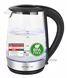 Emerio WK-123131, Glas Wasserkocher 1.7L, BPA frei, bestes Borosilikatglas, 2200 Watt, schöne blaue LED Beleuchtung, Auto Off, Überhitzungsschutz, mit hochwertigem Edelstahl