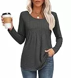 MOLERANI Langarmshirt Damen Elegant Oberteile Rundhals Locker T-Shirt mit Plissee Casual Basic Shirt Bluse Grau S