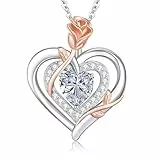 LAVUMO Halskette Damen Silber 925 Doppel Herz Rose Blume Kette Damen Geburtsstein Halsketten Muttertag Geburtstag Valentinstag Weihnachten Schmuck Geschenke Frauen Mama (04-Silber-April)