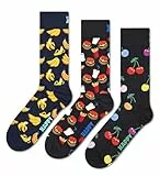Happy Socks Classic Crew Socken für Damen und Herren – Bananen, Burger & Kirschen – 3er-Pack, Größe 41–46