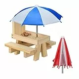 Relaxdays Eichhörnchen Tisch, Holz, Eichhörnchenbank mit 2 Schirmen, Eichhörnchen-Picknicktisch zum Hängen, Hellbraun