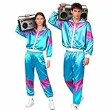Funnity 80er 90er Jahre Outfit Herren Damen, 80er Jahre Trainingsanzug Fasching, Retro Trainingsanzug für Männer Frauen, Disco Ganzkörperanzug, Jogginganzug Karneval(Blau-L)
