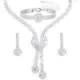 Telooco Strass Schmuckset Damen Silber Elegante Hochzeitsschmuck, Halskette Baumelnde Ohrringe Armband Hochzeit Brautschmuck Set Formeller Modeschmuck für Frauen Bräute Hochzeit Abschlussball