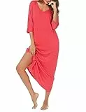 Uniexcosm Nachthemd Damen Lange Baumwolle 3/4 Ärmel Nachtkleid Nachtwäsche V-Ausschnitt Freizeitkleid Loose Fit Sleepshirt Sleepwear mit Taschen E: Rosarot L