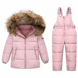 JiAmy Kinder Schneeanzug Daunenjacke mit Kaputze + Schneelatzhose, Winter Bekleidungsset Mädchen Winterjacke und Skihose 2pcs Outfit Set, Rosa 8-9 Jahre