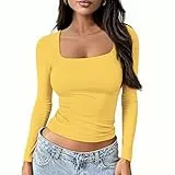 OOHOKAY Langarmshirt Damen U-Ausschnitt Basic Oberteile Y2K Slim Fit Tshirt Crop Tops Lässige Streetwear(Mango gelb-U1,S)