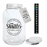 Smiths Mason Jar 1 Gallone (128oz/3.7L) Wide Mouth Jar mit 2x Schraubdeckel (Metall & Plastik), Glasgefäß zum Einlegen, Konservieren von Lebensmitteln, Keksvorratsbehälter, für Kombucha