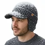 TOP-EX Winter Herren und Damen Merino Strickmütze mit Visier, Ohrenklappen und Fleecefutter, wasserdicht und warm, ideal für Snowboard und Ski, Grau M/L