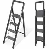 KINGRACK Leiter Aluminium, Trittleiter 4 stufen klappbar, leiter 4 stufen mit Handlauf, rutschfeste Haushaltsleiter mit Klappsicherung, Aluleiter Belastbar bis 150 kg,für Zuhause, Büro, Garten,Schwarz