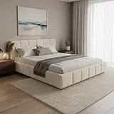 Juskys Polsterbett Florenz 180 x 200 cm – Bouclé, modernes Bett mit Kopf- & Fußteil, stabilem Holz- & Metallrahmen, Lattenrost, 500 kg Tragkraft – Creme