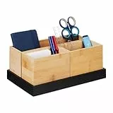 Relaxdays Bambus Organizer, 4-teiliges Set, Schreibtischutensilien, Kosmetik, für Büro, Bad, Ablageschale, Natur/schwarz, 11 x 28 x 17,5 cm