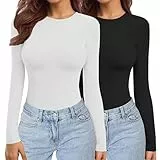 Ekouaer Damen 2 Pack Langarmshirts Rundhals Unterhemd Layer Tee Warm Thermo Oberteil Slim Fit Basic Tops, Schwarz + Weiß S