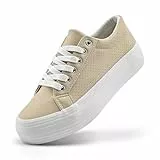 sharllen Damen Plateau Sneaker Leder Low Top Turnschuhe Dicken Sohlen Sportschuhe Freizeitschuhe(Khaki with Holes 265)