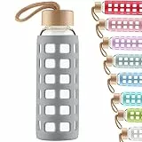 Cleesmil Sport Trinkflasche Glas Wasserflasche mit Silikonhülle mit Bambus Deckel 360 ml (grau)