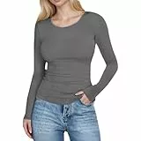 Generisch Poloshirt Damen Einfarbig Langarmshirt Slim Fit Frauen Basic Oberteile Stretch Rundhals Bluse Tops Kleidung für Büro Freizeit Reisen Alltag Casual