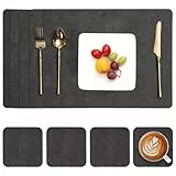 Myir JUN Tischsets Abwaschbar und Untersetzer, Platzsets Abwaschbar Tischset Kunstleder Antifouling und rutschfest Platzdeckchen Lederoptik (Grey, Set of 4)