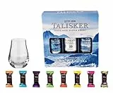 H-BO Talisker Whisky Geschenkset mit 3 Miniaturen je 50ml, Spey Dram Glas & 8 Rausch Edelschokoladen - Edles Single Malt Scotch Tasting Set mit Schokolade für Männer & Genießer