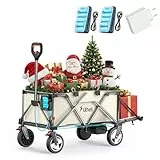 Litheli Elektrowagen Bollerwagen faltbar, Handwagen faltbar mit Motor & Bremsen, 200L 60KG geeignet für Camping, Garten, Strand, Einkaufen (Beige, W1 pro mit 2 Akku und Ladegerät)