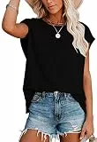 ANCAPELION Damen Casual T-Shirt Kurzarm Sommer Tops Lose Oberteile Rundhals Basic Bluse mit Tasche Einfarbig Schwarz XXL