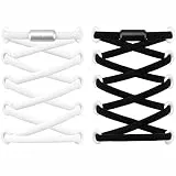 RJ-Sport 2 Paar Elastische Schnürsenkel mit Schnellverschluss - Schnellschnürsystem für Einzigartigen Komfort und Starken Halt - mit Metallkapseln ohne binden (Schwarz+Weiß)