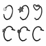WillTen 6Pcs Schwarze Nasenringe Fake Nose Ring Hoop, 18G 20G Edelstahl C-Form dünner Nasenpiercingschmuck mit Stern & Herz, Clip-on Faux Piercing für Nase Septum Lippe 8mm/10mm Damen