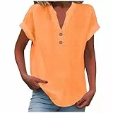 KOG Damen T-Shirts Elegant Baumwolle Leinen Shirts Fashion Kurzarm Bluse Frau Tee T-Shirt Lose Longbluse Frauen Rundhals Lässig Oberteil Orange XL