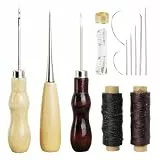 Ledergarn Ledernadel, Leder Nähset, 2 Rollen Sattlergarn Gewachst, Reißfest Wachsfaden mit Bohr Ahle, Sattlernadel und Fingerhut, Leder Zwirn, für Lederhandwerk, DIY Sewing, Reparatur