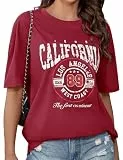CMTOP Tshirt Damen Oversize Kurzarm Rundhals Oberteil Sommer Baumwolle Lockere Bedruck T-Shirt Casual Basic Tee Tops Bluse (Burgunderrot, XL)