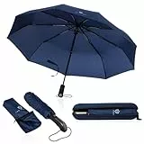 VON HEESEN Regenschirm sturmfest bis 140 km/h - inkl. Schirm-Tasche & Reise-Etui - Taschenschirm mit Auf-Zu-Automatik, klein, leicht & kompakt, Teflon-Beschichtung, windsicher, stabil (Blau)
