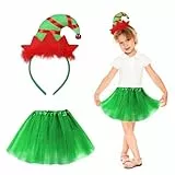 HONMOK 2 Stück Weihnachtself Kostüm Mädchen Weihnachten Elf Kostüm Kinder Elfenkostüm mit Grün Tutu Rock Haarreif Elf Weihnachtskostüm Wichtel Kostüm für Weihnachten Party Xmas Karneval Fasching