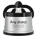 AnySharp Messerschärfer, Freihändige Sicherheit, PowerGrip Saugnapf, Sicheres Schärfen aller Küchenmesser, Ideal für gehärteten Stahl & Wellenschliff, Weltbeste Qualität, Kompakt, Silber