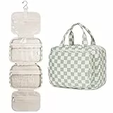 Narwey Kariert Kulturtasche Damen Kulturbeutel zum Aufhängen Waschtasche Gross Kosmetiktasche Groß Waschbeutel Kosmetik-Organizer für Damen Mädchen (Gitter Mintgrün (Medium))