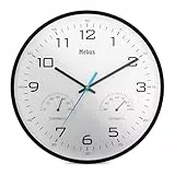 Mebus moderne Quarz-Wanduhr mit Temperaturanzeige und Luftfeuchtigkeit, 30 cm Durchmesser groß, Wohnzimmer, Küchenuhr, Rund / Modell: 16180 / Farbe: Schwarz