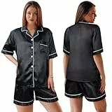 ACWOO Satin Damen Schlafanzug mit Knopfleiste, Kurz Nachtwäsche Schlafanzüge Set, Womens Silk Pajamas Set, Zweiteiliger Nachtwäsche Hausanzug(Schwarz,L)