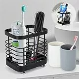 Zahnbürstenhalter, Edelstahl Elektrischer Toothbrush Holder, Wand Ohne Bohren Zahnpasta Halter mit Abflusslöchern und Zahnputzbecher, Zahnbürsten Caddy für die Aufbewahrung im Bad, Schwarz