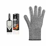 Microplane Verstellbarer Gemüsehobel mit V-Klinge und Julienneklingen-Einsatz mit Edelstahlklingen inkl. Fingerschutz & Schutzhandschuh Universalgröße Schnittfester Handschuh Grau 1 Stück 34027