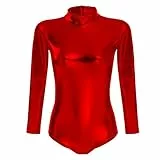 IBAKOM Damen Ballettanzug Metallisch Glänzender Tanz Body Langarm Gymnastik Ballett Tanzanzug Bodysuit Gymnastikoverall Leder Tanzkleidung Rot XL