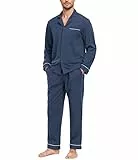 COLORFULLEAF Schlafanzug Herren Lang 100% Baumwolle Pyjama Set mit Knopfleiste Zweiteiliger Nachtwäsche Langarm Loungewear(Heather Navy,M)