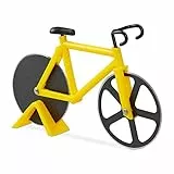 Relaxdays Fahrrad Pizzaschneider, lustiger Pizzaroller mit Schneiderädern aus Edelstahl, Cutter für Pizza & Teig, gelb