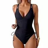 DOINEUFL Badeanzug Damen Bauchweg – Sexy Monokini mit Push Up, V-Ausschnitt & Verstellbaren Trägern, Einteilige (DE/NL/SE/PL, Alphanumerisch, M, XL, Regular, Regular, Standard, Schwarz)