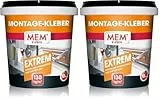 MEM Montage-Kleber Extrem, Pastöser Dispersionsklebstoff, Hohe Anfangshaftung und Endfestigkeit, Für Verschiedene Untergründe, Lösemittelfrei, Inklusive Spachtel, 1 kg-Dose, Weiß (Packung mit 2)