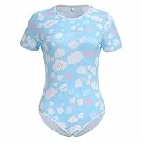 IBAKOM Damen Niedlicher Druck Pyjama Body Kurzarm Strampler Einteiler Nachtwäsche Trikot Nachtwäsche Unterkleidung Schlafanzug Lounge-Wäsche Hellblau L