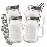 4er Set Trinkgläser mit Deckel und Strohhalm – 16oz/473ml Mason Jar Trinkglas limonadengläser, Glas mit Henkel und Strohhalm, Smoothie Gläser, Trinkglas für Eiskaffee