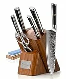 Sunnecko 7tlg Damastmesser Messerblock mit Messer - Messer Set mit Block Damaststahl Klinge Ergonomischer Griff, Messerset mit Küchenschere Messerhalter