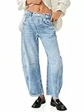 Imily Bela Damen Baggy Jeans, Boyfriend Stil, Vintage, weites Bein, Mid Rise Barrel-Denim Knöchelhosen(Plus Größen bis 4XL) Weiblich Jeans Hellblau 14
