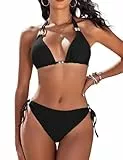 CMTOP Bikini Damen Set Neckholder Triangel Bikini Badeanzüge String Bikini Verstellbare Schnürung Hohe Taille Kordelzug Bikinihose Sexy Swimsuit Zweiteiliger Badeanzug mit Perlen(Schwarz, M)