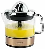 Bestron elektrische Zitrus- & Orangenpresse, inkl. 2 Presskegel und Aromadeckel, Motor mit zwei Drehrichtungen (links/rechts), Füllmenge: 0.7 Liter, 40 Watt, Farbe: Kupfer