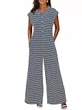 Cicy Bell Jumpsuit Damen Sommer Gestreift Kurzarm Overall Weites Bein Elegant Romper mit Knöpfen und Taschen Bequem für Strand und Alltag